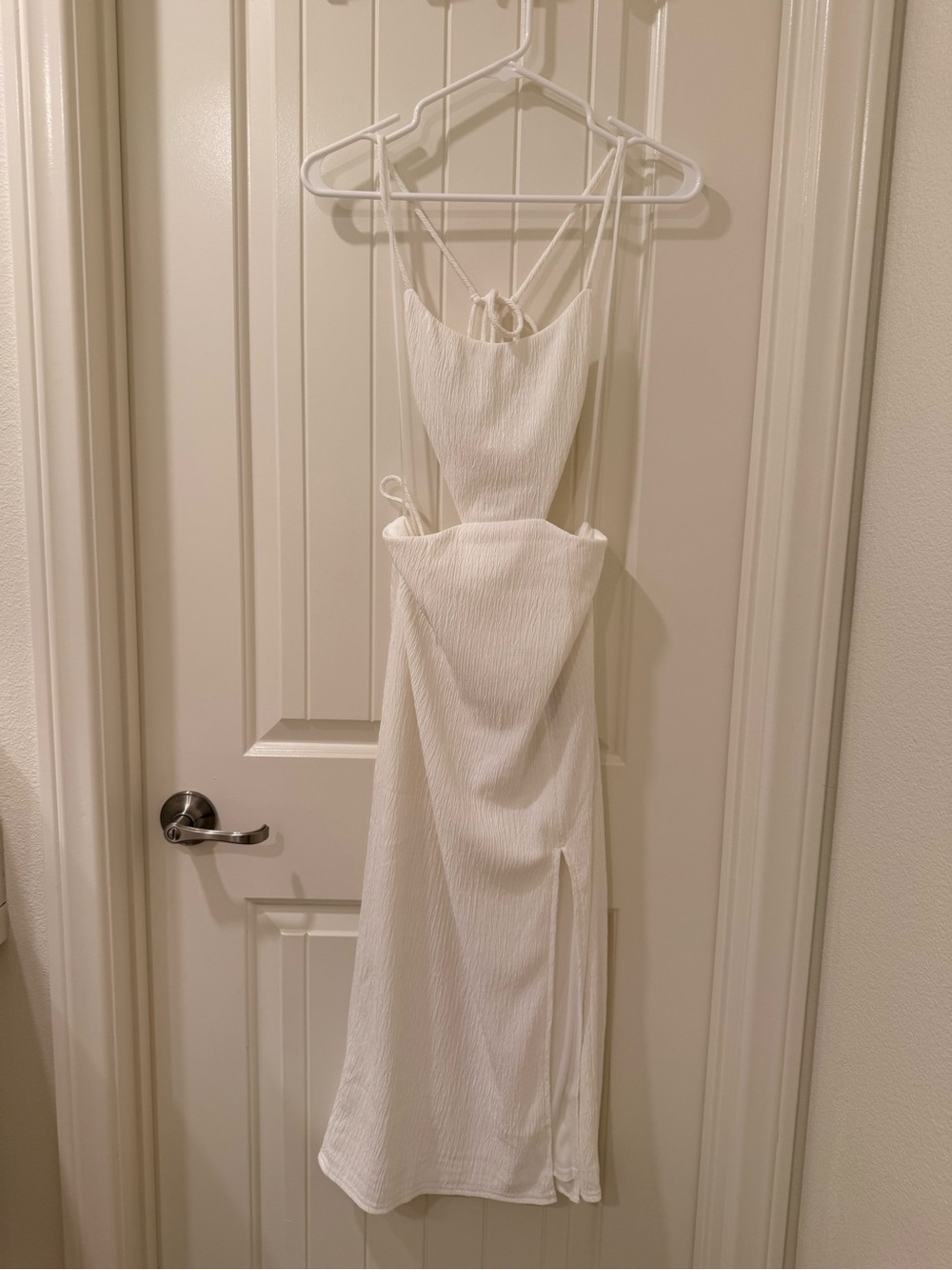 White Textured Backless Midi Dress with Slit, XS
